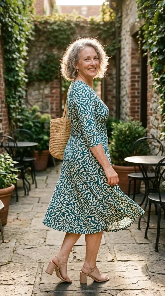 Plus size woman over 50 in a printed wrap midi dress with block-heel sandals at a café