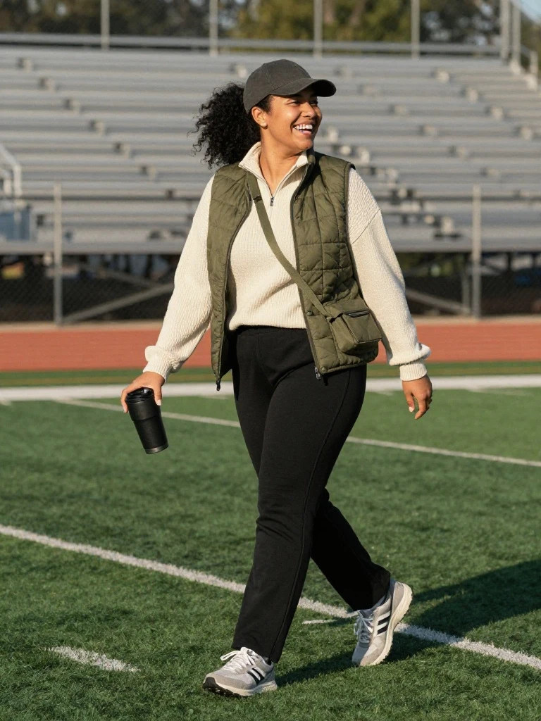 Woman in a cream quarter-zip, black track pants and olive vest in a sporty simple autumn outfit