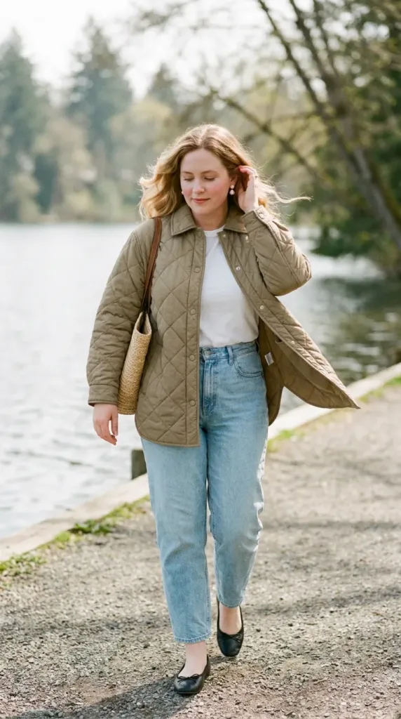 Woman in a khaki quilted shacket, barrel-leg jeans and ballet flats on a lakeside path