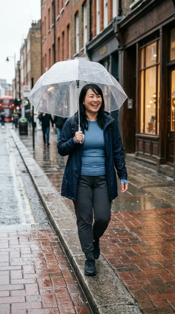Plus-size woman in charcoal quick dry travel joggers and navy rain jacket walking a wet London street