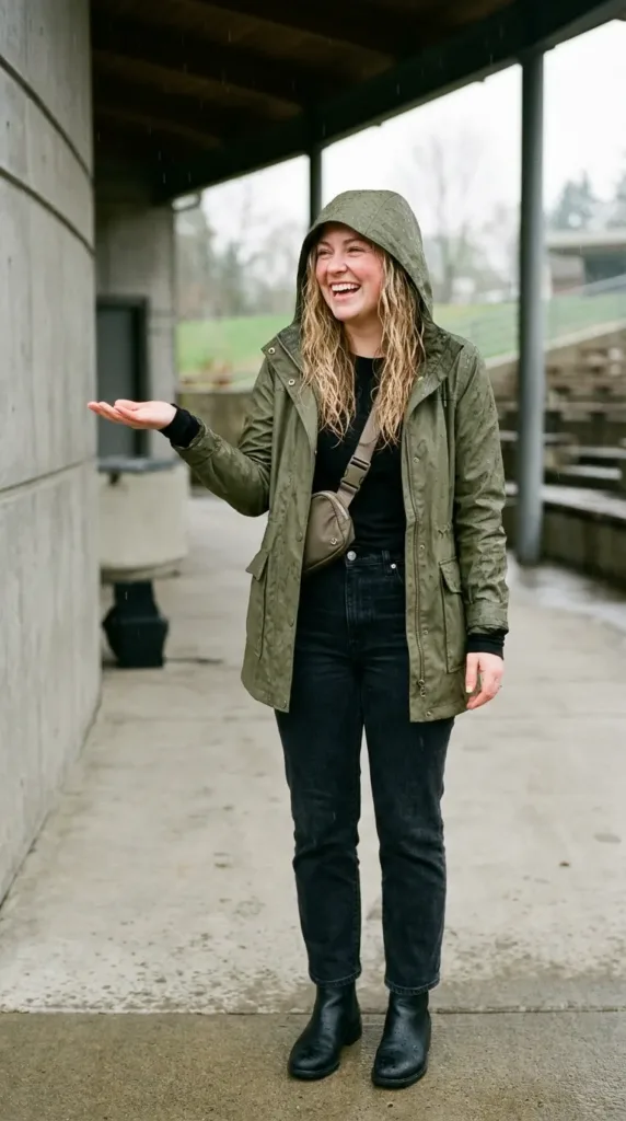 Woman in olive waterproof jacket and Chelsea boots dressed for a rainy outdoor concert