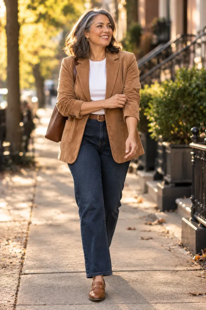 Woman over 50 in a camel blazer