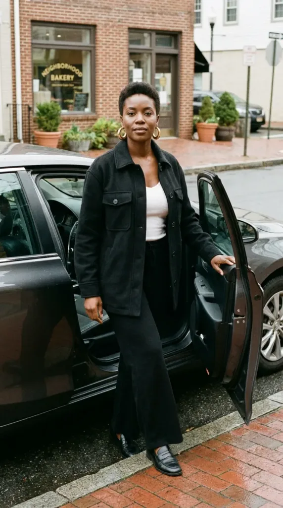 Curvy woman in a black wool-blend shacket, wide-leg trousers and loafers on a city sidewalk