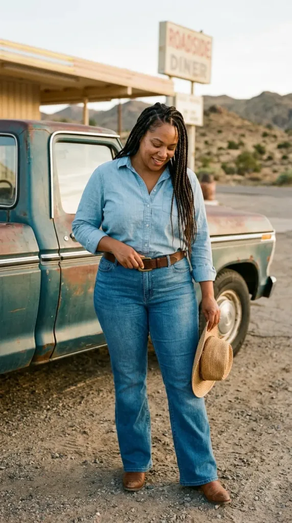 Woman in chambray shirt, brown belt and medium-wash flare jeans outside a roadside diner