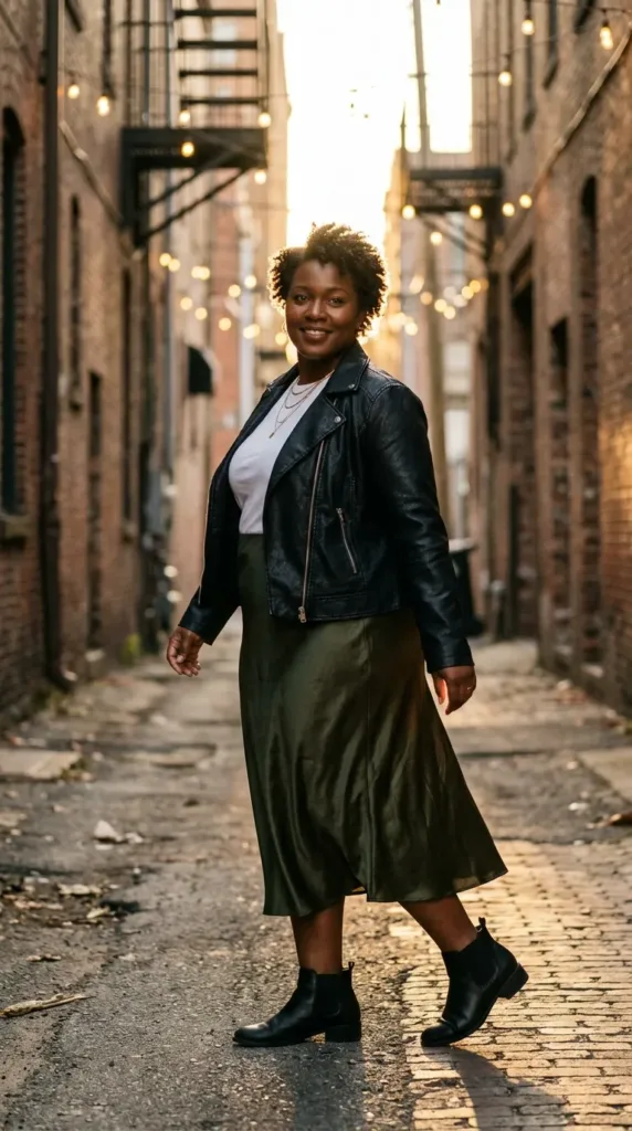 10 Coffee Date Outfit Formulas You Can Copy Today 6 Woman in olive satin midi skirt, white tee and moto jacket in a brick alley