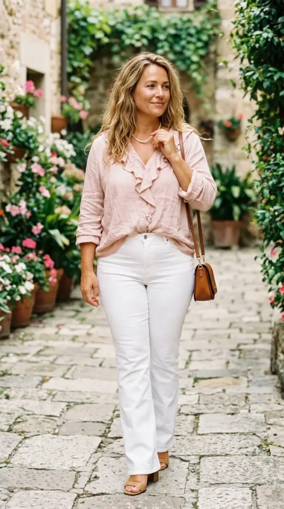 Woman in white bootcut jeans and a blush ruffled blouse with block-heel sandals