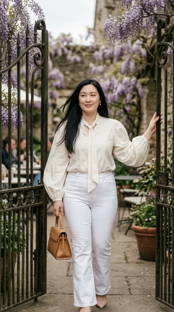 Woman in ivory puff-sleeve blouse, white flare jeans and blush kitten heels at a garden café