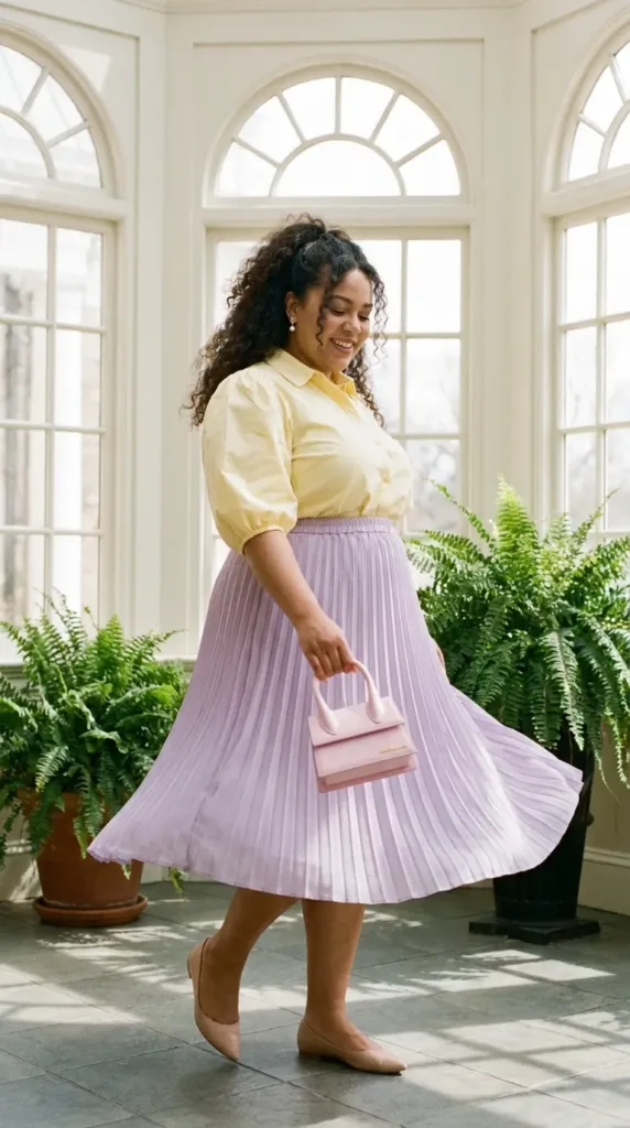 Woman in a yellow puff-sleeve blouse and lilac pleated skirt, a romantic baby shower guest outfit