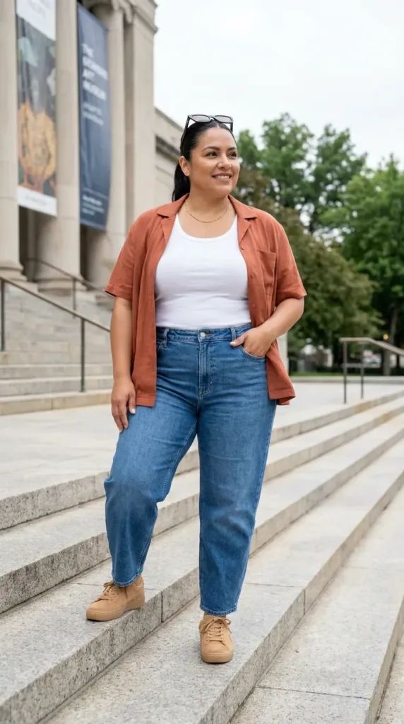 Woman in medium-blue barrel-leg travel jeans with a terracotta overskirt outside a city museum