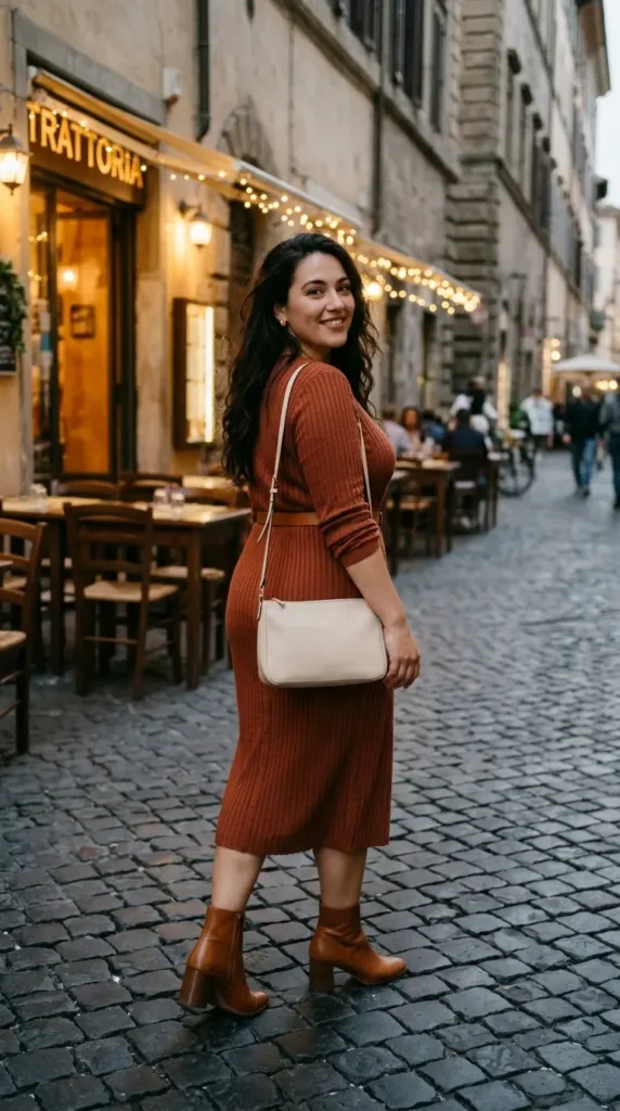 10 Fall Dinner Outfit Ideas for Curvy Women 4 Woman in a rust knit midi dress and ankle boots, a cozy fall dinner outfit for an Italian restaurant