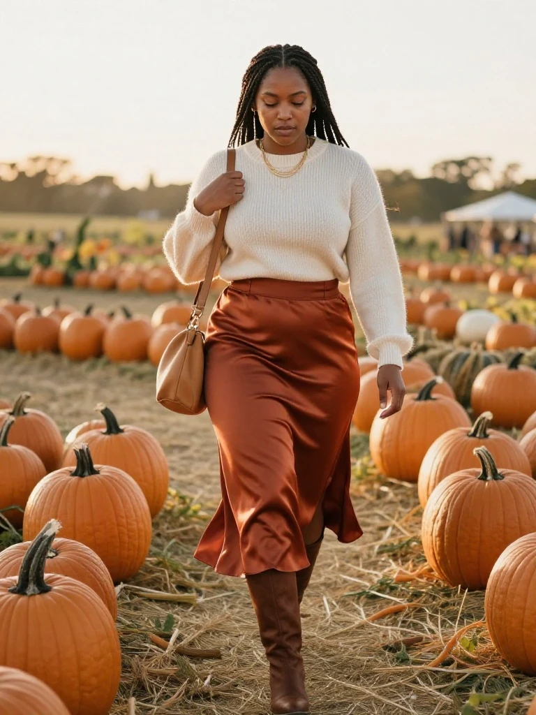 Woman in a rust satin midi skirt, cream knit and brown boots in a simple autumn outfit for women