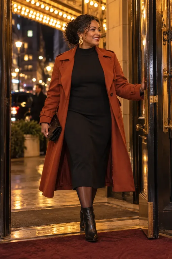 Rust trench coat over black