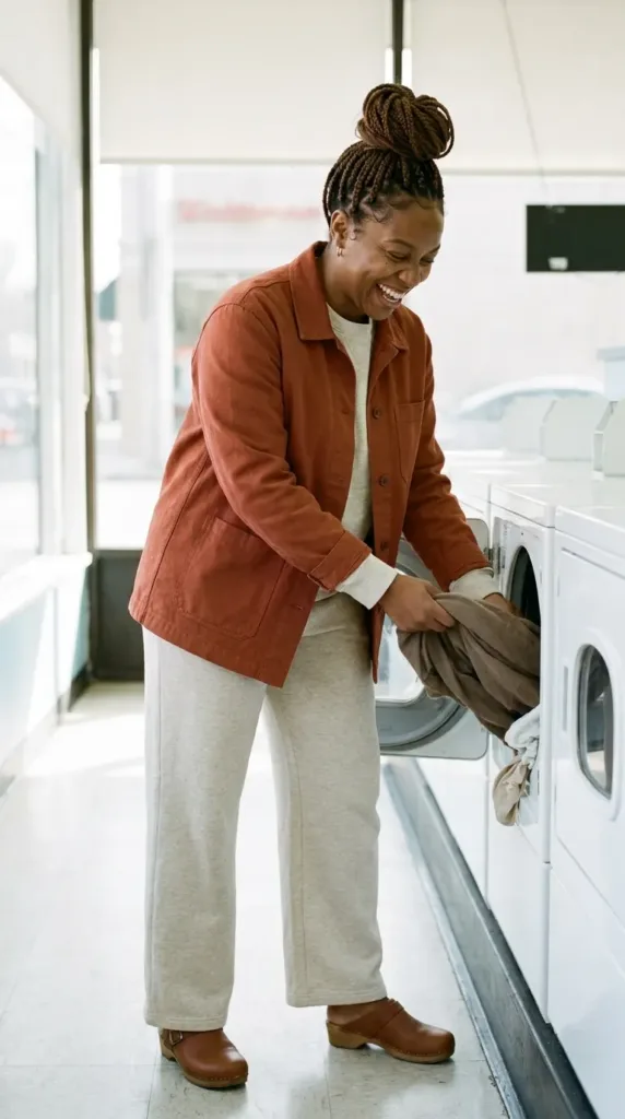 Woman in a rust twill shacket over an oatmeal sweatshirt set and clogs in a laundromat