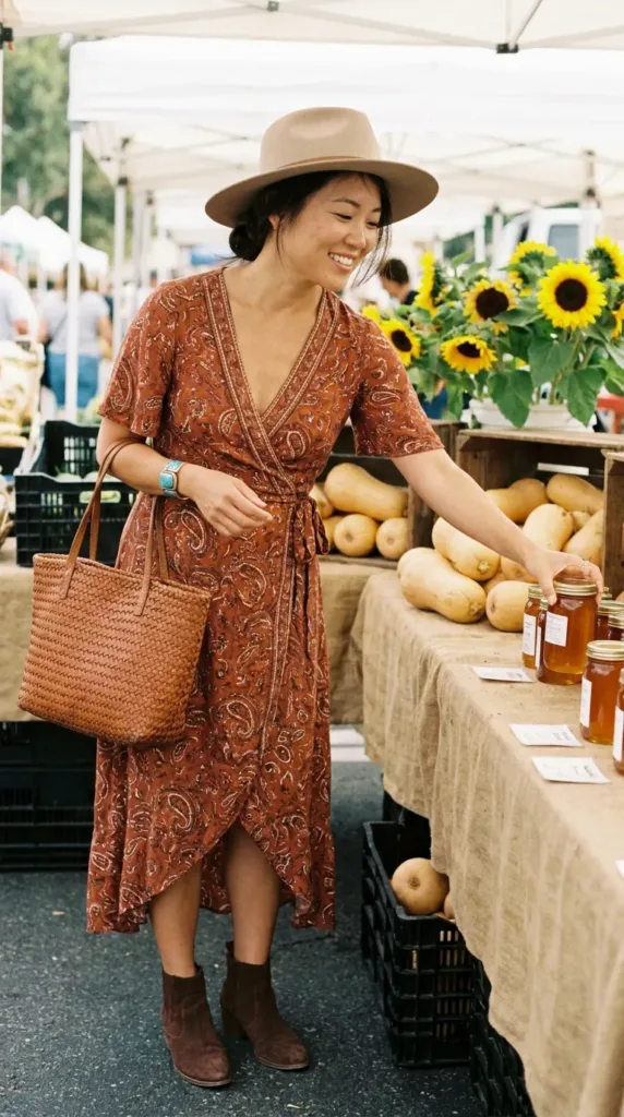 Woman in a rust paisley wrap dress, felt hat and suede ankle boots at a farmers market, Boho western style
