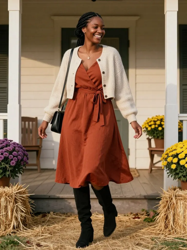 10 Classy Autumn Outfits Women Love to Wear 5 Woman in a rust wrap midi dress and tall black boots on a porch, classy fall outfit