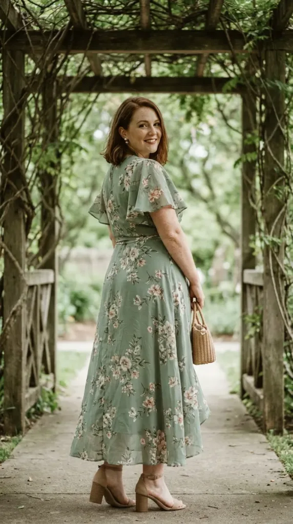 Plus-size woman in a sage green floral wrap gown with flutter sleeves at a garden wedding