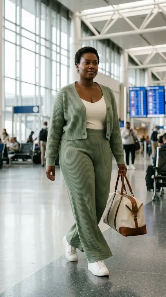 Plus-size woman in sage ribbed knit matching set and white sneakers, a comfy travel date outfit