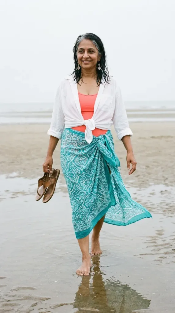 What to Wear on a Beach Vacation Over 50 9 Woman over 50 in a printed sarong skirt and coral tankini walking the shoreline, beach outfit