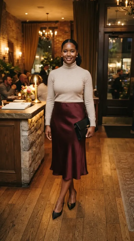Curvy woman in a burgundy satin midi skirt, oatmeal turtleneck, and black kitten heels at a dinner party