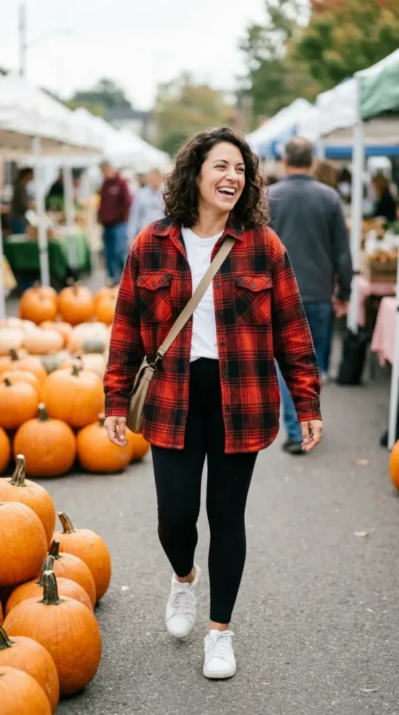 Woman in red plaid flannel shacket, black leggings and white sneakers at a farmers market