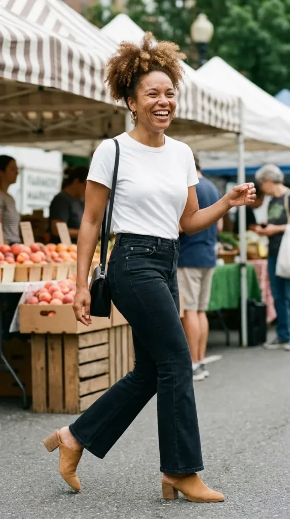 Curvy woman in white tee, dark-wash flare jeans and tan suede mules at a farmers market