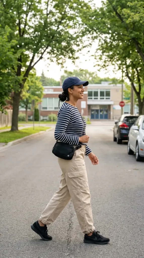 Woman in navy striped tee, beige cargo pants, black sneakers, and cap on a suburban sidewalk