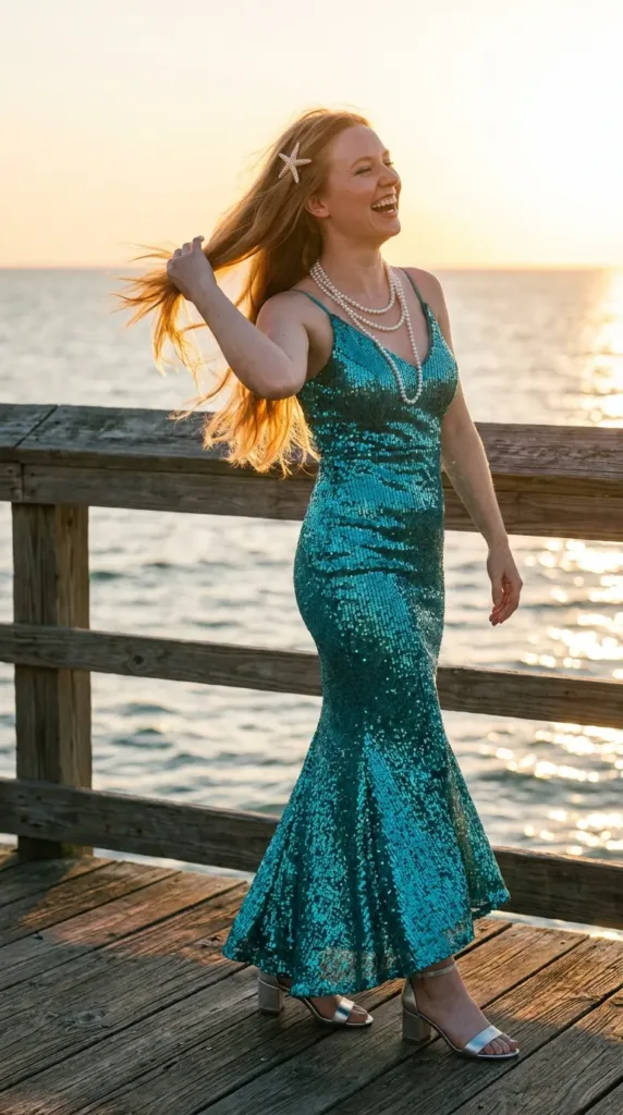 Mermaid sea siren sequin maxi dress, a sparkling plus size Halloween costume idea