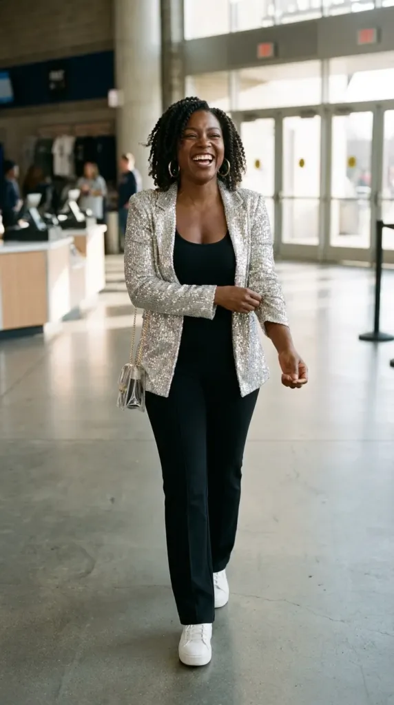 Woman in silver sequin blazer and white sneakers, a Justin Timberlake concert outfit idea for floor tickets