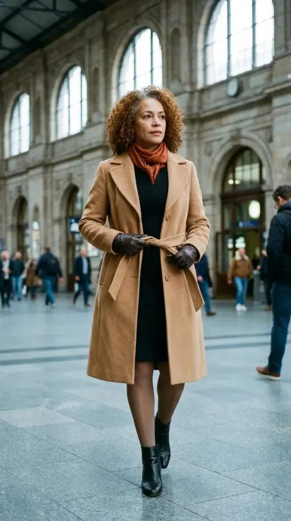 Black sheath dress with a belted camel coat, a winter business outfit for women over 50