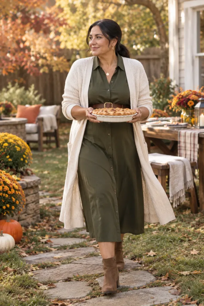 Woman over 50 in olive shirt dress