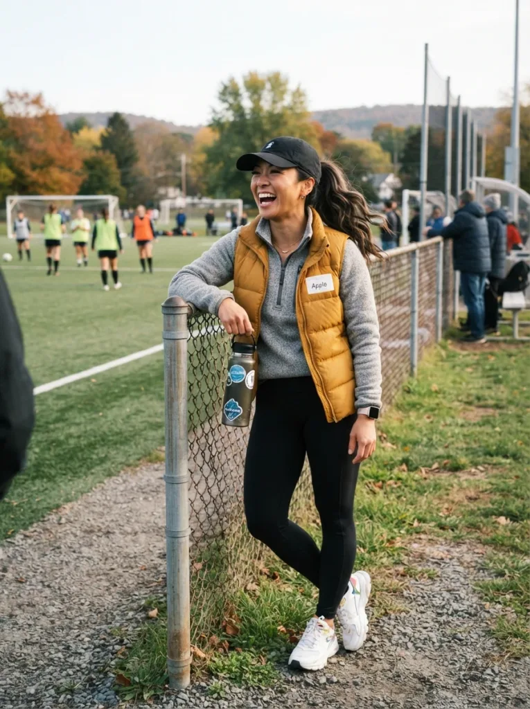 Plus Size Autumn Outfits Women Will Actually Wear (10 Looks) 5 Sporty plus size fall outfit with gray quarter-zip, black ponte leggings, mustard vest, and white sneakers