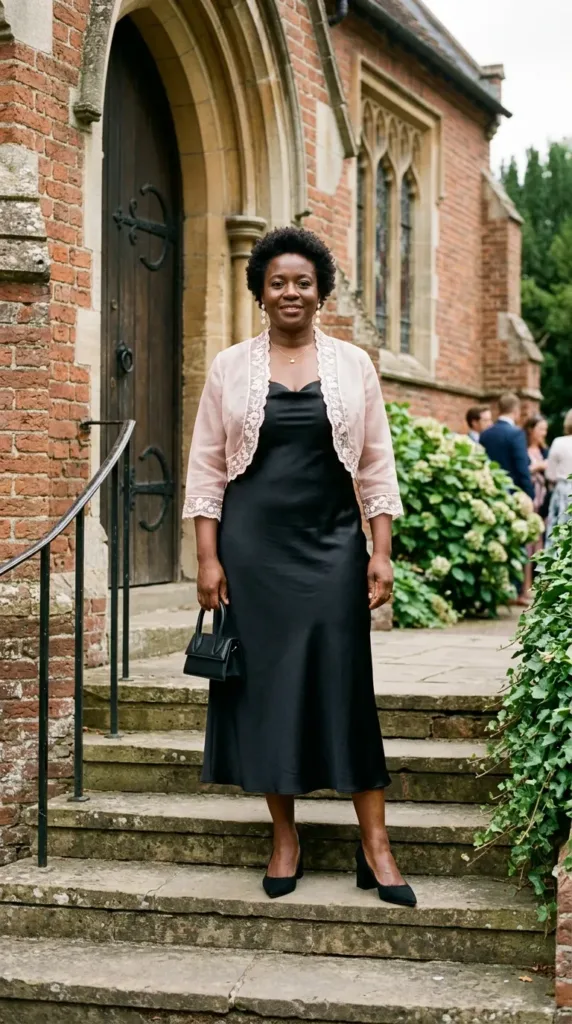 Woman in a black satin slip dress with a blush Filipin ion-style bolero on church steps