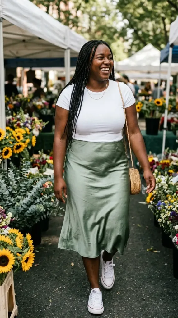 Plus-size woman in sage satin midi skirt, white tee and white low-top Converse at a farmers market