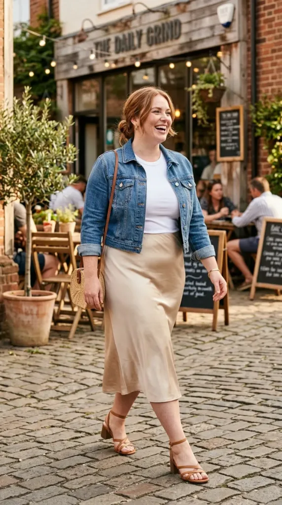 Plus-size woman in cropped denim jacket, white tee, and champagne satin midi skirt