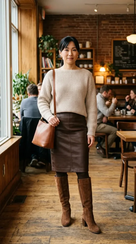 Oatmeal boatneck sweater with chocolate pencil skirt and suede boots, smooth Valentine dinner outfit idea