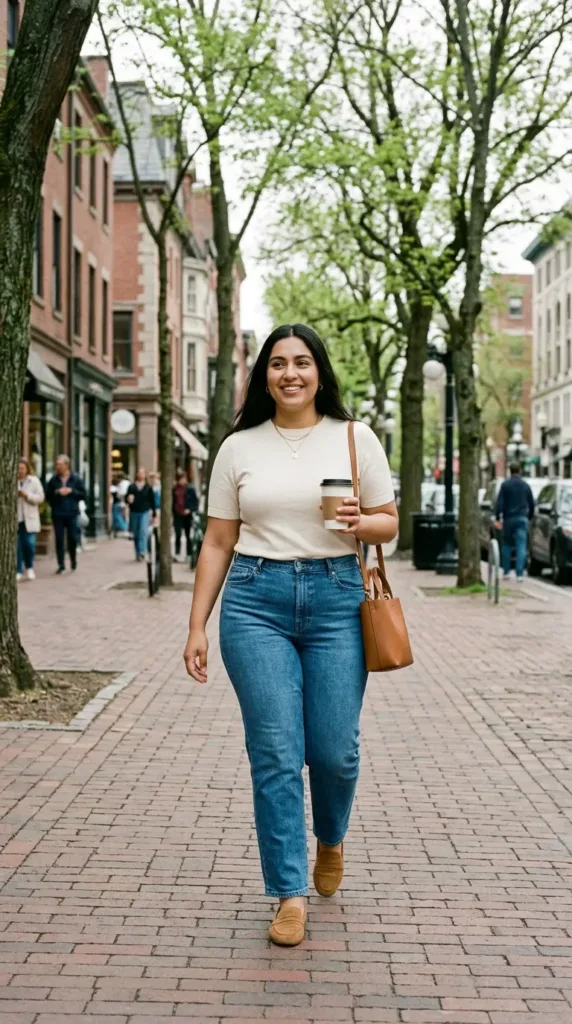 Plus-size woman in cream knit tee, straight-leg jeans and suede loafers, a casual spring work outfit