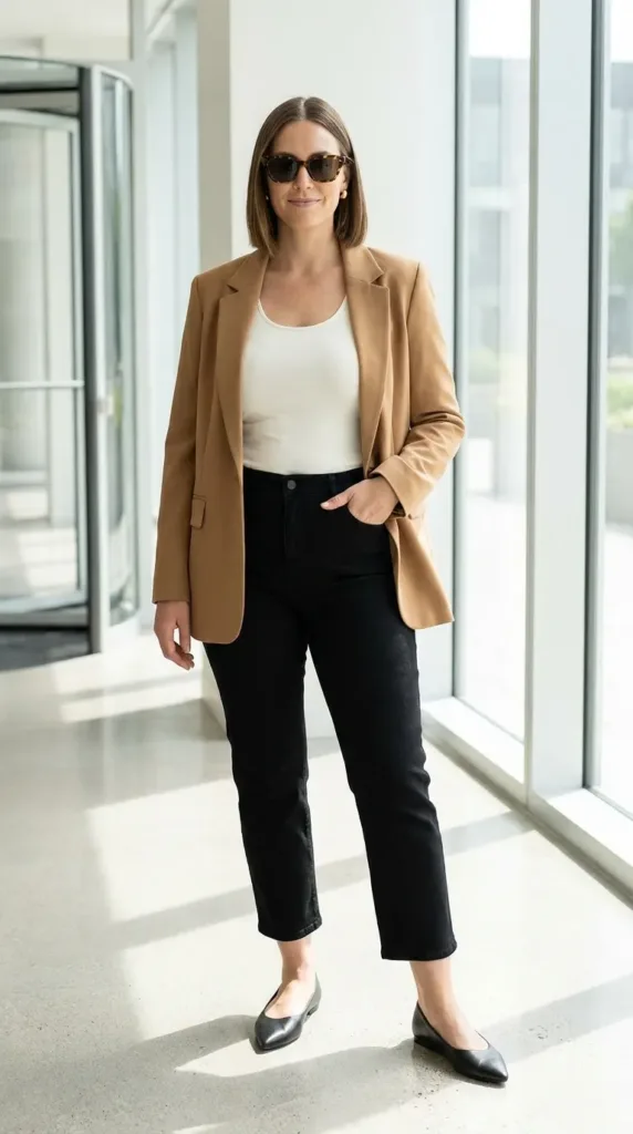 Woman in black cropped travel jeans, ivory tee, and camel blazer standing in a bright office lobby