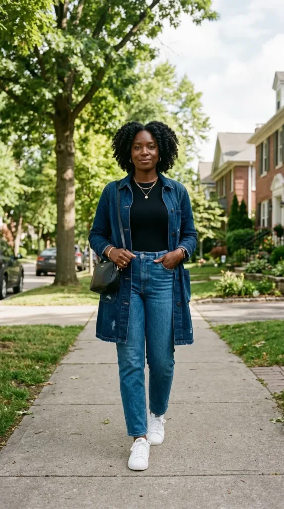 Curvy woman in longline denim jacket, black knit tee, and straight-leg jeans with white sneakers