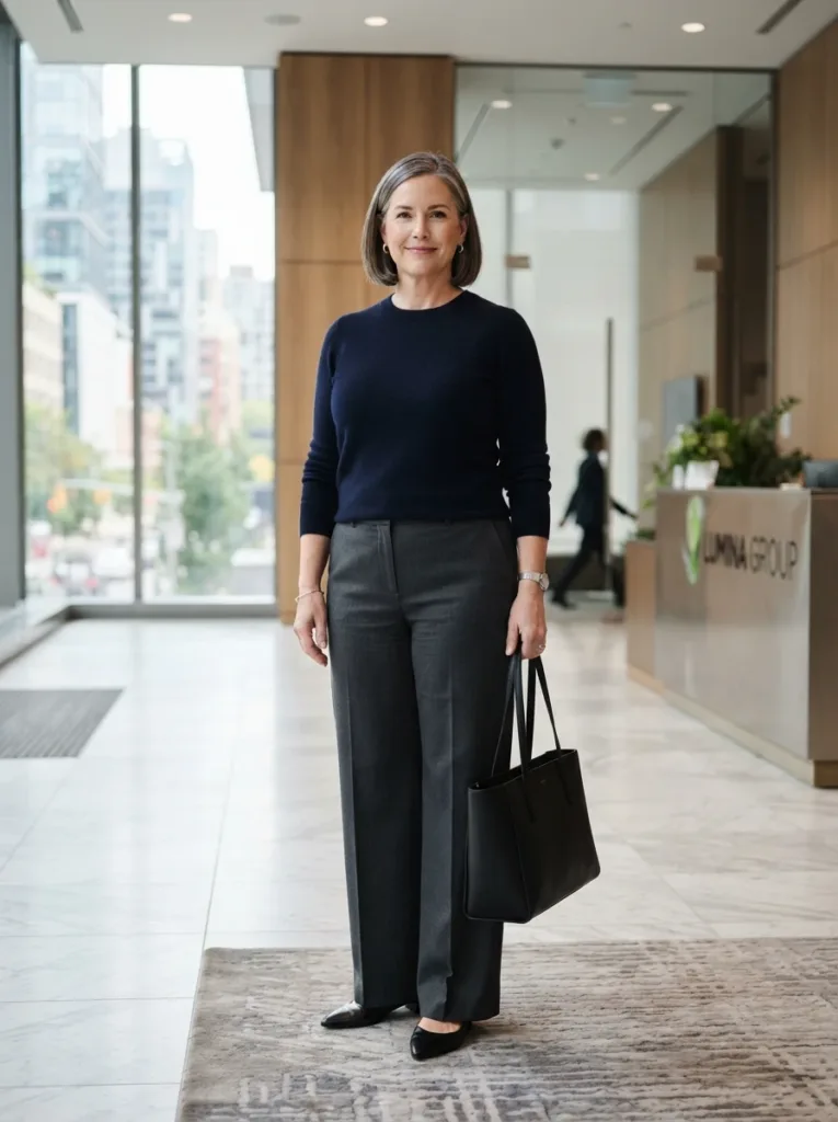 Plus Size Autumn Outfits Women Will Actually Wear (10 Looks) 4 Plus size work outfit with navy merino sweater, charcoal wide-leg trousers, and black pointed-toe flats