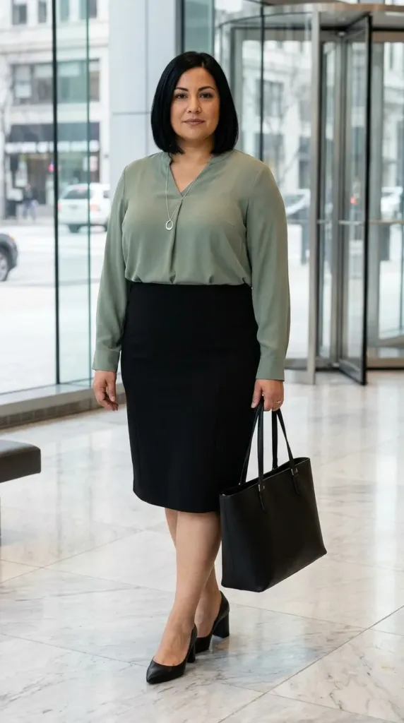 Plus-size woman in a sage green crepe blouse and black pencil skirt, a polished business casual look