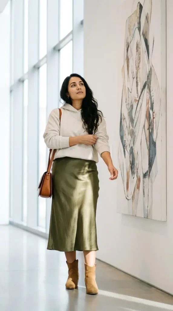 10 Hoodie Outfits for Weekend Errands and Coffee Dates 5 Woman in an oatmeal hoodie, olive satin midi skirt and suede ankle boots standing in a sunlit gallery