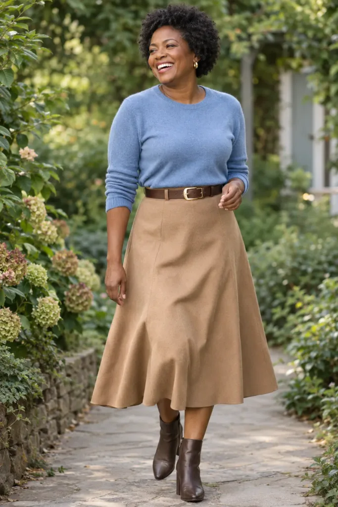 10 Modern Grandma Outfits That Make You Look Cool Not Old at 50 4 Curvy woman in a blue cashmere sweater