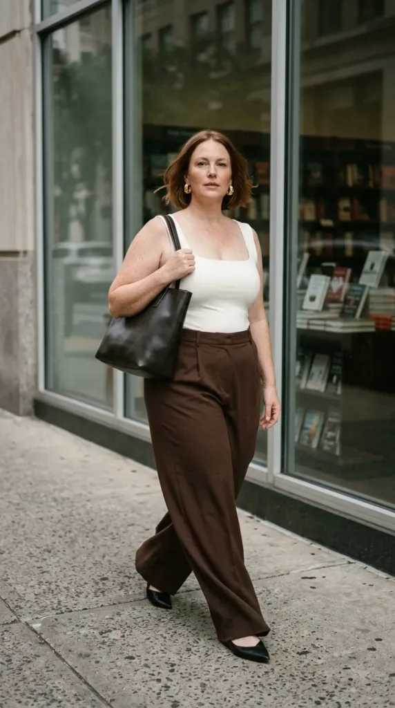 10 Coffee Date Outfit Formulas You Can Copy Today 4 Woman in wide-leg trousers and ivory bodysuit walking past a bookstore, a stylish coffee date look