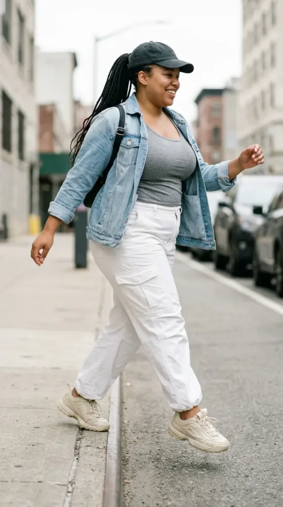 Plus-size woman in white cargo pants, gray tank and denim jacket with sneakers