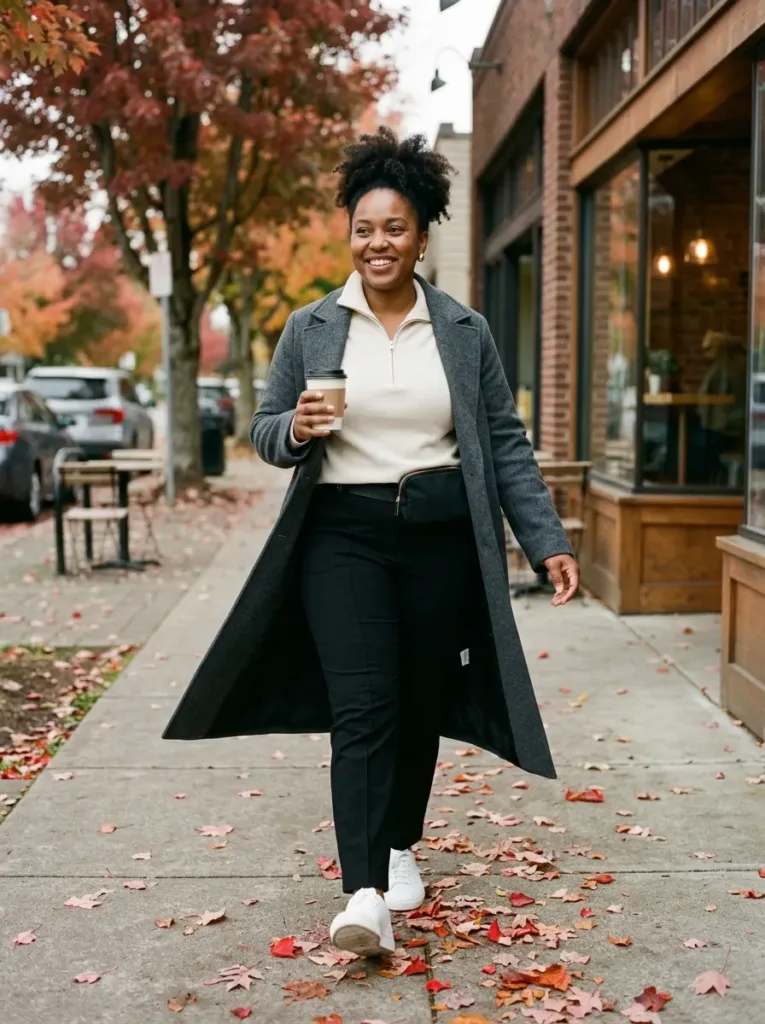 10 Classy Autumn Outfits Women Love to Wear 9 Woman in a charcoal coat, cream quarter-zip and black trousers with white sneakers, autumn style
