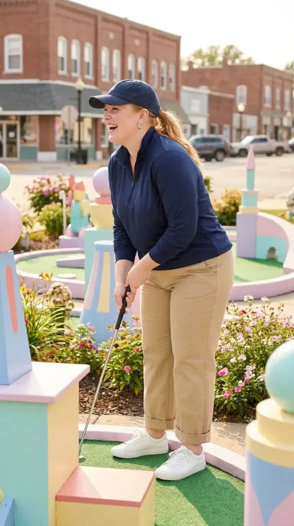 Plus-size woman in navy quarter-zip and khaki wide-leg chinos for an active first date idea