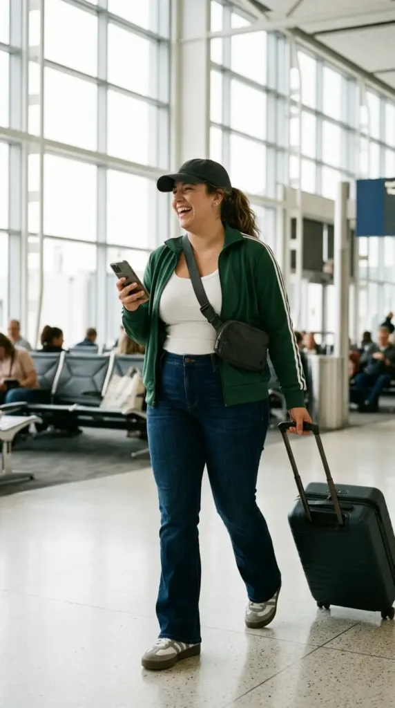 Woman in green track jacket, white tank, indigo flare jeans and retro sneakers in an airport