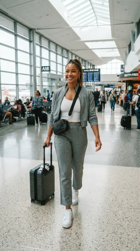 Athletic curvy petite woman in a gray matching track set and white platform sneakers at the airport