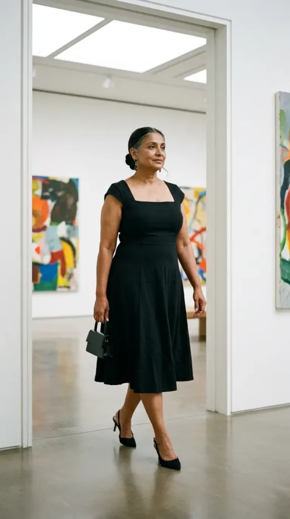 Black crepe fit-and-flare cocktail dress on a confident woman over 50 with jet crystal earrings