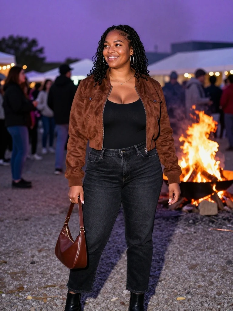 Woman in a chocolate suede bomber, black bodysuit and dark jeans in a simple autumn outfit for cool nights